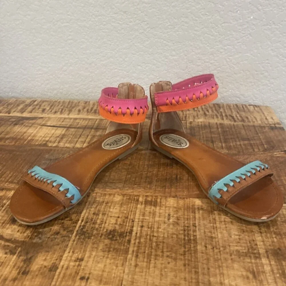 Stevies Girls 3 Tribal Gal Sandals Brown Pink Blue Ankle Strap Flats Open Toe